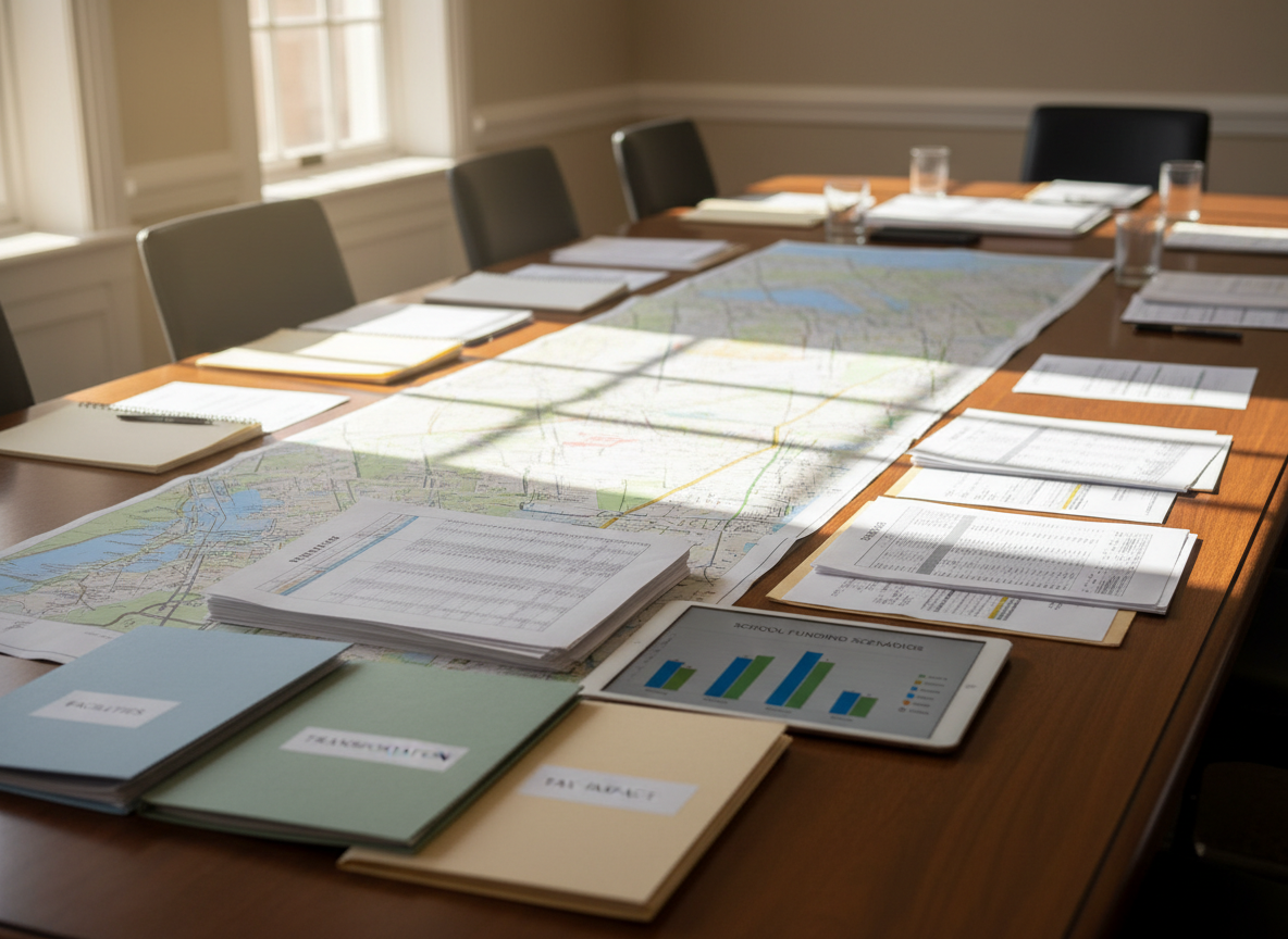 A photographic image of a large wooden conference table in a civic meeting room, covered with neatly organized printed maps, budget spreadsheets, and color-coded folders labeled with neutral terms like “Facilities,” “Transportation,” and “Tax Impact.” A digital tablet on the table displays a detailed bar chart comparing school funding scenarios. Daylight from tall windows to the side casts soft, natural light across the papers, creating gentle shadows and legible highlights. The composition is shot from a slightly elevated angle, with sharp focus on the documents and a subtle bokeh effect on the far edge of the table. The mood is professional, data-driven, and focused on thoughtful policy analysis.