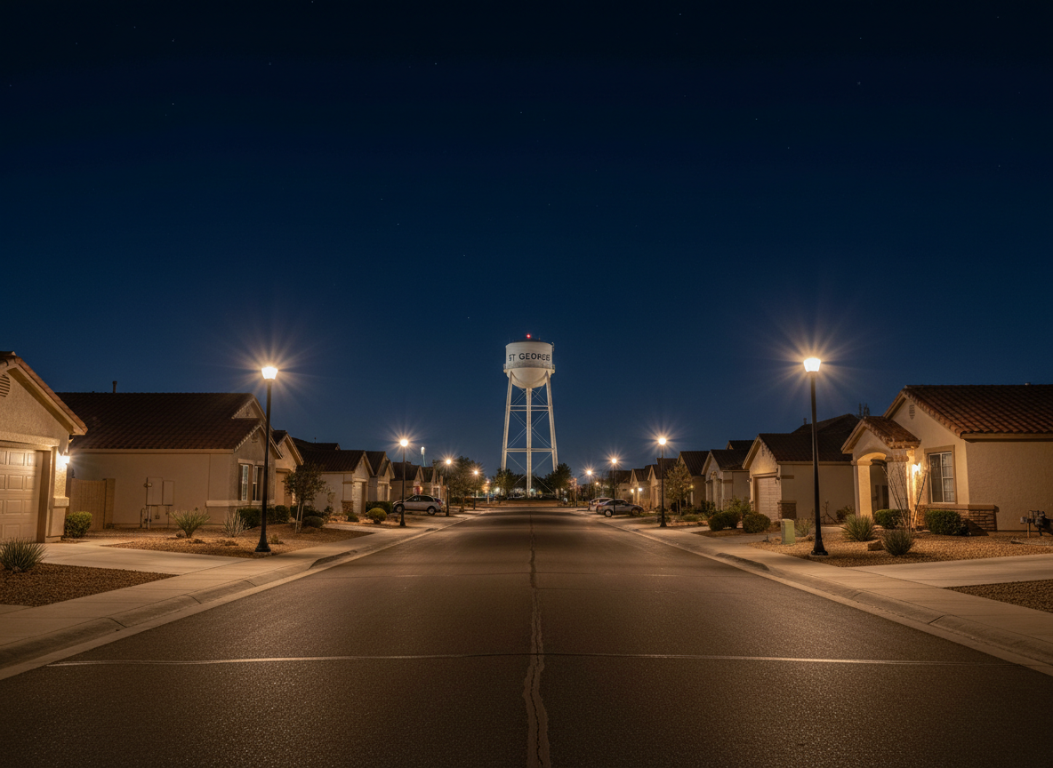 A nighttime photographic scene of a quiet residential street in St. George, with a clear view of modest single-family homes, streetlights, and a distant water tower labeled “St. George” in clean, neutral typography. The streetlights cast warm pools of light on the pavement while the sky holds a deep navy tone. The camera is positioned at a low angle near the curb, using a wide lens to capture both foreground and background with crisp clarity. The atmosphere feels calm and contemplative, suggesting community stakes and long-term consequences of policy decisions, while maintaining a professional, non-sensational visual style suitable for nonprofit educational content.
