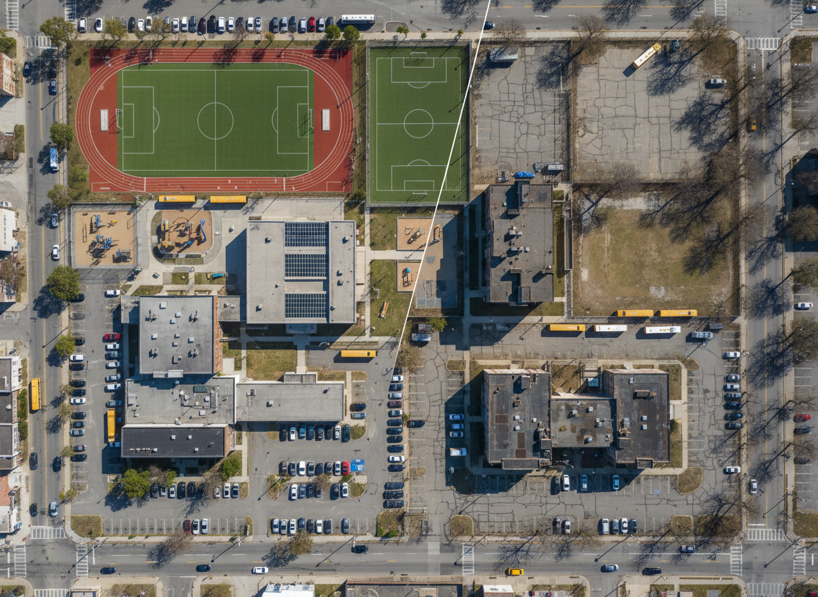 A detailed aerial photographic view of a mid-sized American city divided by an invisible line, with one side showing well-maintained brick school buildings with modern athletic fields and the other side showing older, worn school structures with cracked asphalt lots. The scene is captured at midday under bright but slightly diffused sunlight, revealing subtle differences in roof conditions, greenery, and resources. Street grids, buses, and parked cars are visible but distant, rendered in sharp focus with a professional, documentary realism. The composition uses a wide-angle lens and centered framing, emphasizing contrast in infrastructure while maintaining a neutral, objective atmosphere suitable for an education equity analysis site.