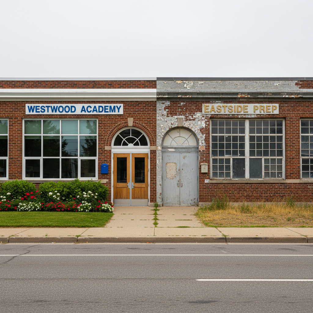 A close-up photographic shot of two adjacent school building facades, one with freshly painted signage, clean windows, and vibrant landscaping, the other with faded lettering, peeling paint, and patchy grass. The camera is positioned at eye level across a quiet street, capturing the full width of each entrance in balanced framing. Soft overcast daylight creates even, neutral lighting that avoids dramatic shadows, highlighting surface textures and material conditions. The mood is analytical and observant rather than emotional, with a clean, modern documentary style that visually conveys disparities in public investment and the real cost of maintaining separate school systems.