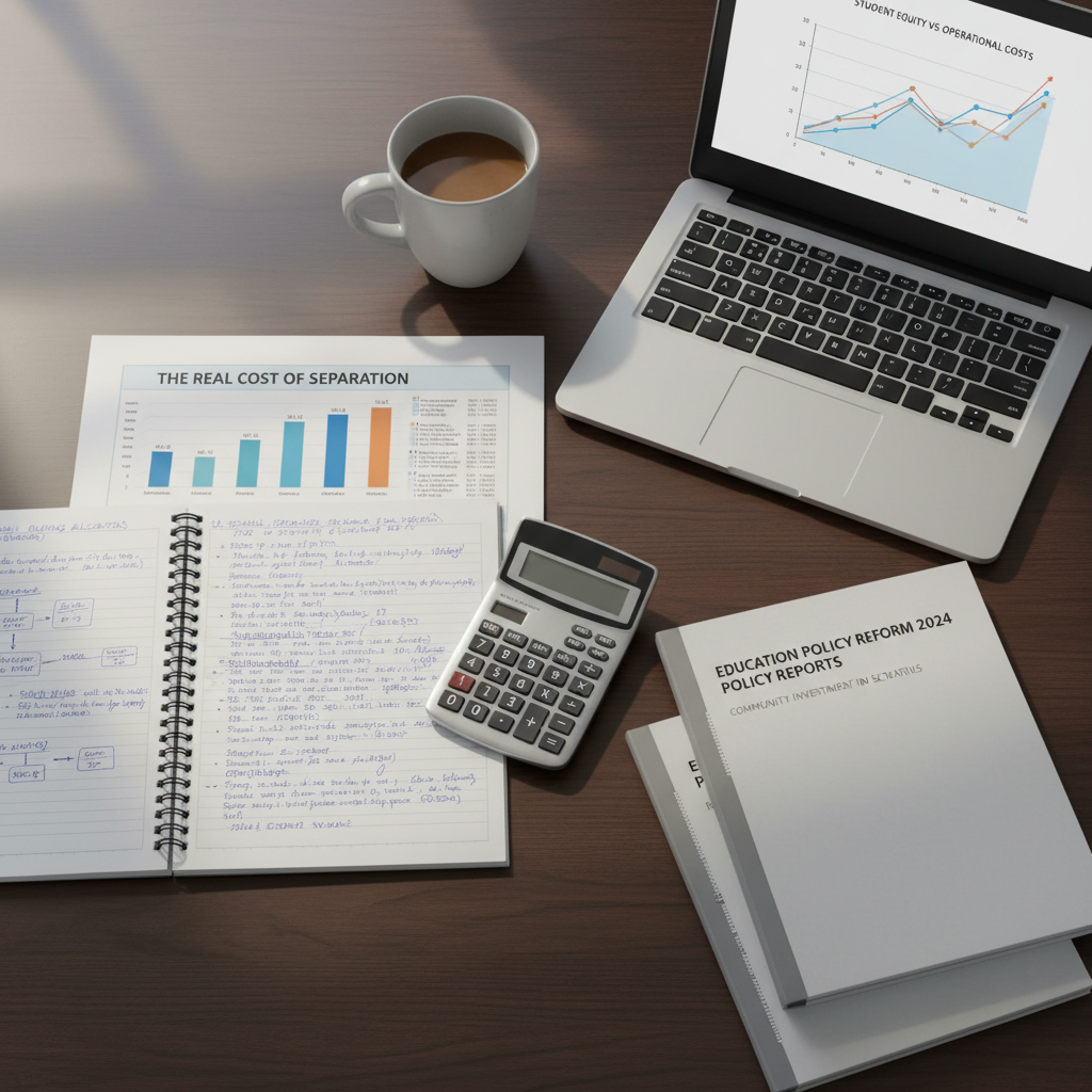 A meticulous photographic still life of an open notebook on a smooth wood desk, with neatly handwritten notes about school funding, a printed infographic titled “The Real Cost of Separation,” and a calculator resting beside a slim laptop displaying a simple line graph. A neutral-colored mug and a small stack of policy reports sit nearby. Soft morning light from a nearby window illuminates the scene, creating gentle shadows and subtle reflections on the laptop screen. Shot from an overhead angle with a clean, minimalist composition and sharp focus, the image conveys careful research, transparency, and a professional approach to understanding the real costs behind education policy decisions.